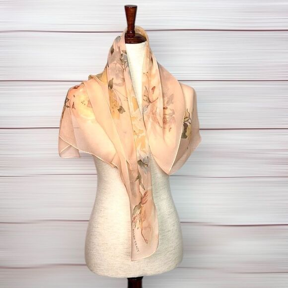 Ellen Tracy Silk Square Scarf Peach Roses Floral Print Lightweight Chiffon - Picture 6 of 10